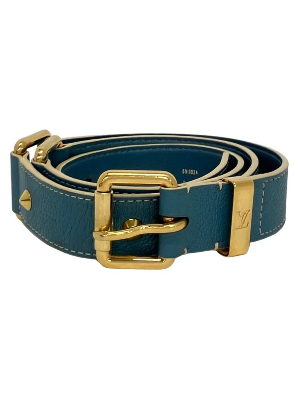 Louis Vuitton Belt 90/36 Blue Gray Gold Studded Leather